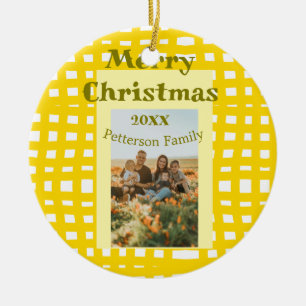 Gelb weiß kariert Retro-Weihnachts-Familie Keramik Ornament
