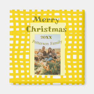 Gelb weiß kariert Retro-Weihnachts-Familie Magnet