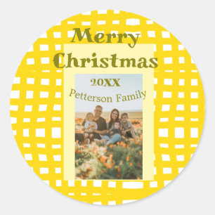 Gelb weiß kariert Retro-Weihnachts-Familie Runder Aufkleber