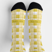 Gelb-weiß kariert, Text am Fuß Socken (Oben)