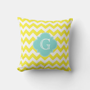 Gelb Weiße Chevron-Zickzack Aqua Vierpass-Monogram Kissen