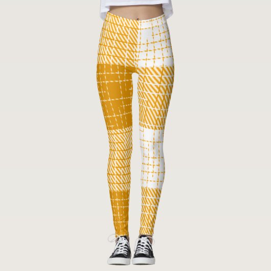Gelb-weiße karierte Plaid-Design Leggings (Vorderseite)