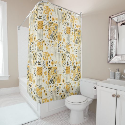 Gelb-weiße Patchwork-Quilt-Retroflora Duschvorhang (Beispiel)