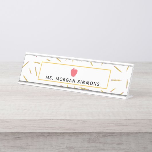 Gelb zeichnet rosa Apple-Lehrer-Nummernschild an Schreibtischnamensplakette (Vorderseite )