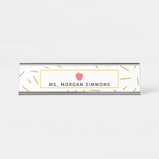 Gelb zeichnet rosa Apple-Lehrer-Nummernschild an Schreibtischnamensplakette (Vorderseite )