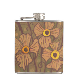 Gelbäugige Blumen, florale Kunst, olivgrün braun Flachmann