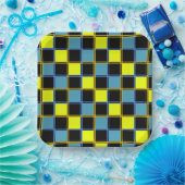 Gelbblau-Schachbrettmuster Pappteller (Party)