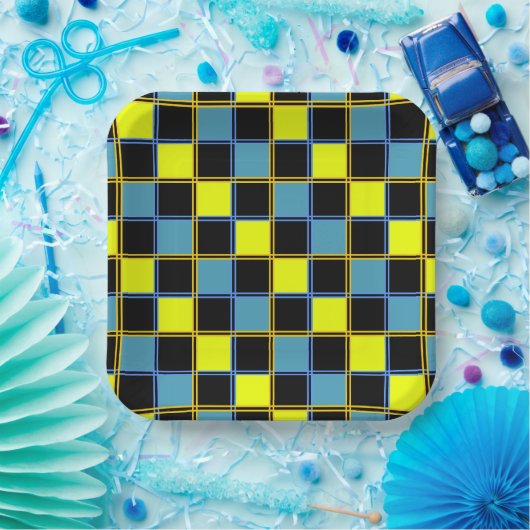 Gelbblau-Schachbrettmuster Pappteller (Party)