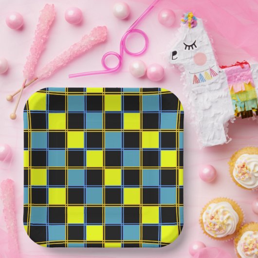 Gelbblau-Schachbrettmuster Pappteller (Party)