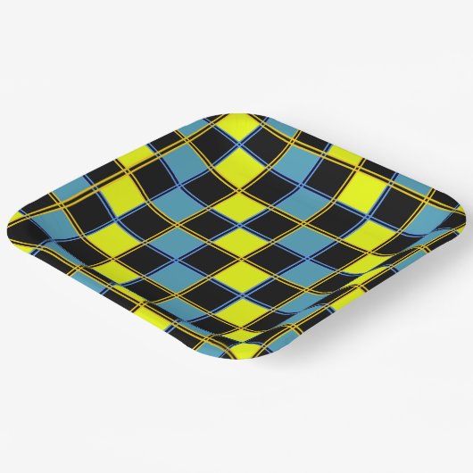 Gelbblau-Schachbrettmuster Pappteller (Gewinkelt)