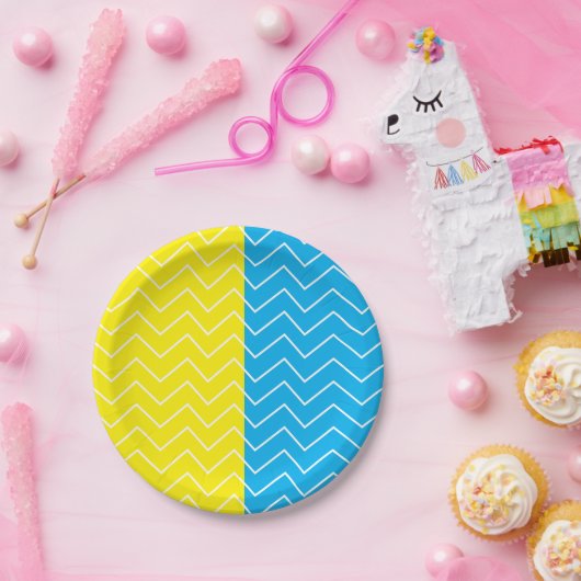 Gelbblau, Zickzack Farbblockmuster Pappteller (Party)