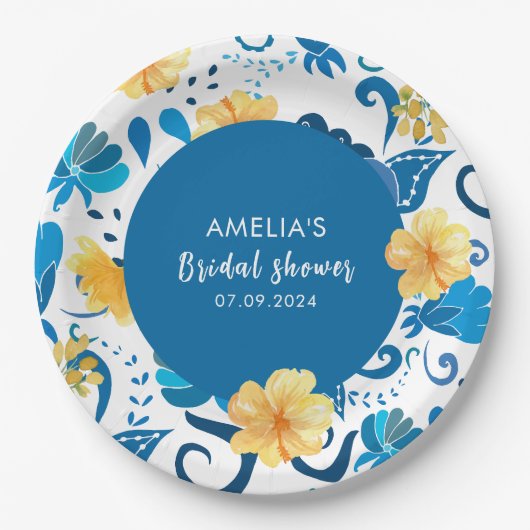 Gelbblauchblaues italienisches Brautparty Pappteller (Vorderseite)