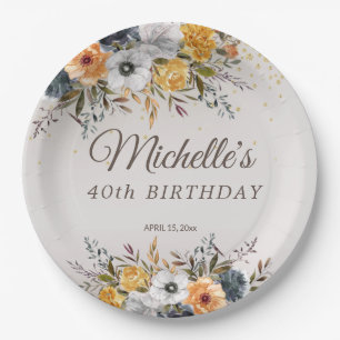 Gelbblaue Blumen Glitter 40. Geburtstag Name Pappteller