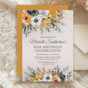 Gelbblaue Blumen Glitter 50. Geburtstag Einladung
