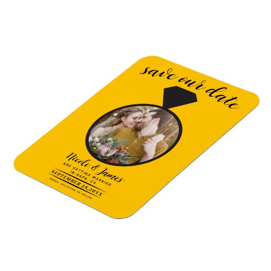 Gelbblütengelbes Hochzeitsring-Foto Save the Date Magnet (Linke Seite)