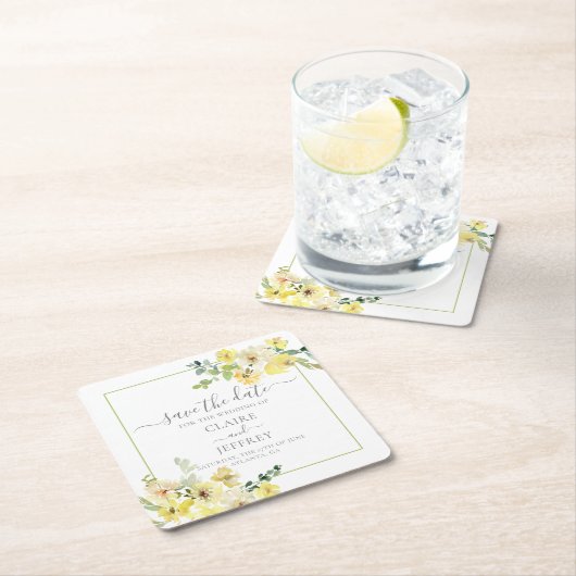 Gelbblütenmatte Save the Date grün Rechteckiger Pappuntersetzer (Vor Ort)