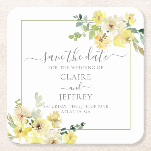 Gelbblütenmatte Save the Date grün Rechteckiger Pappuntersetzer (Vorderseite)