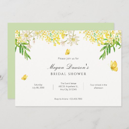 Gelbblütenschmetterling Pflanze Brautparty Einladung (Vorne/Hinten)