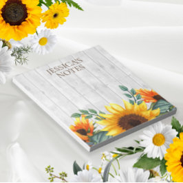 Gelbbraun Sonnenblume Weiß rustikaler Holzname Notizblock