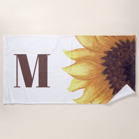 Gelbbraun-Sonnenblumen-Weißes Monogramm Strandtuch (Vorderseite)