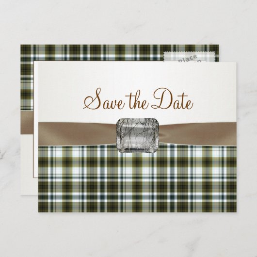 Gelbbraun-Tartan-Muster Save the Date Postkarte (Vorne/Hinten)