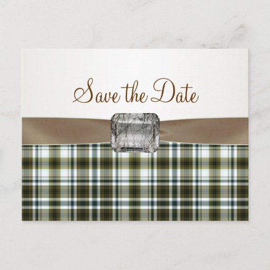 Gelbbraun-Tartan-Muster Save the Date Postkarte (Vorderseite)