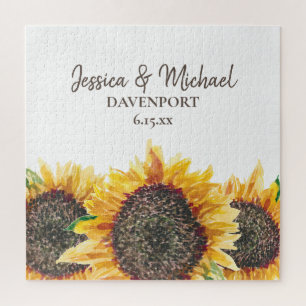 Gelbbraune Aquarell-Sonnenblumen Weiße Hochzeit Puzzle