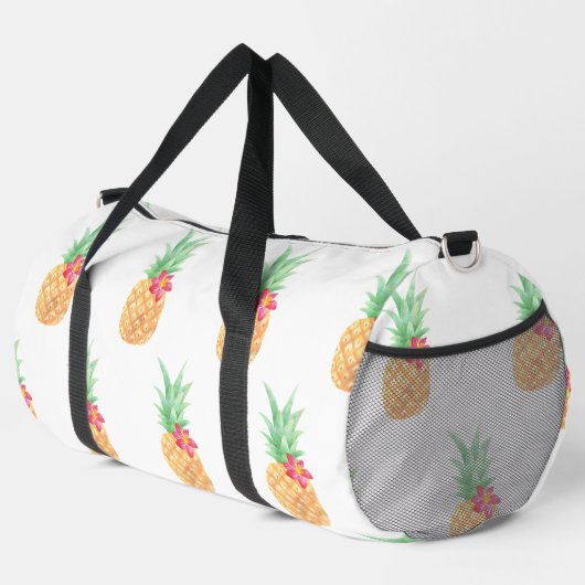 Gelbe Ananas mit rosa Blume Nahtloses Muster Duffle Bag (Rechte Ecke)