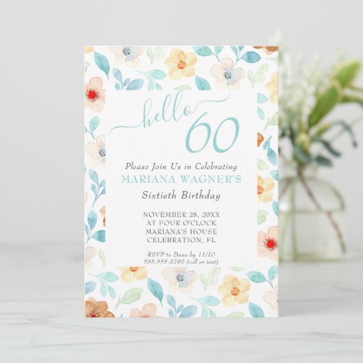 Gelbe Aquamarine Blütenschrift Elegant Script 60.  Einladung (Stehend Vorderseite)