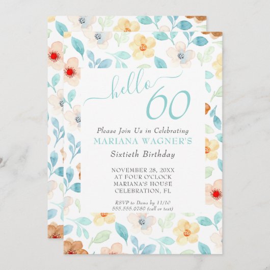 Gelbe Aquamarine Blütenschrift Elegant Script 60.  Einladung (Vorne/Hinten)