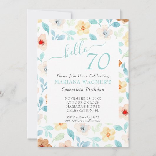 Gelbe Aquamarine Blütenschrift Elegant Script 70.  Einladung (Vorderseite)