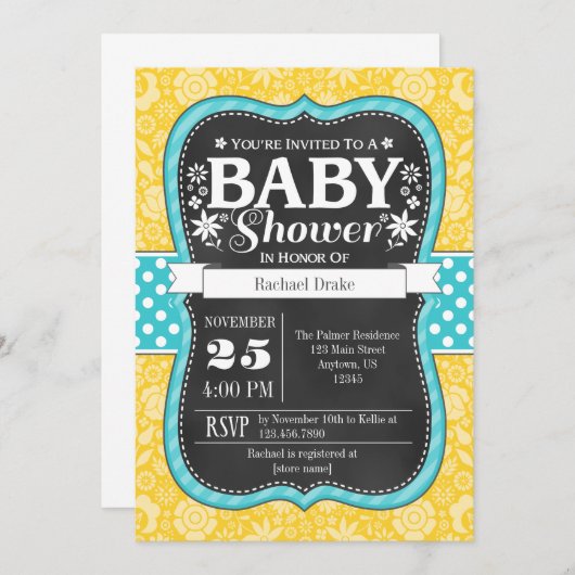 Gelbe aquamarine Tafel-laden Blumenbaby-Dusche ein Einladung (Vorne/Hinten)