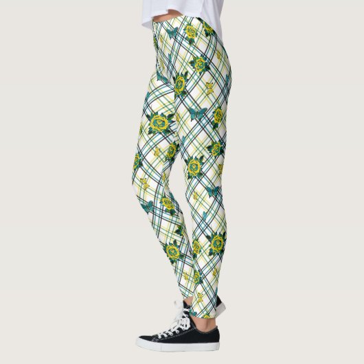 Gelbe Aquamarine Tattoo-Rose Schmetterlinge Karier Leggings (Links)