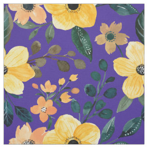 Gelbe Aquarellblumen Blau Lila Botanisch Stoff