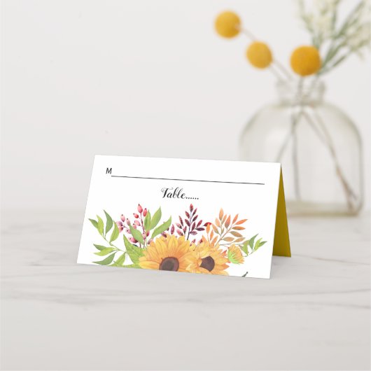 Gelbe Aquarellblumen und Blätter Hochzeit Platzkarte (Vorderseite)