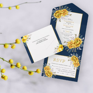 Gelbe Aquarellfarben Blume und Blätter Hochzeit de All In One Einladung