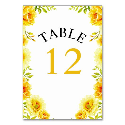 Gelbe Aquarellfarben Blume und Blätter Hochzeit Tischnummer (Rückseite)