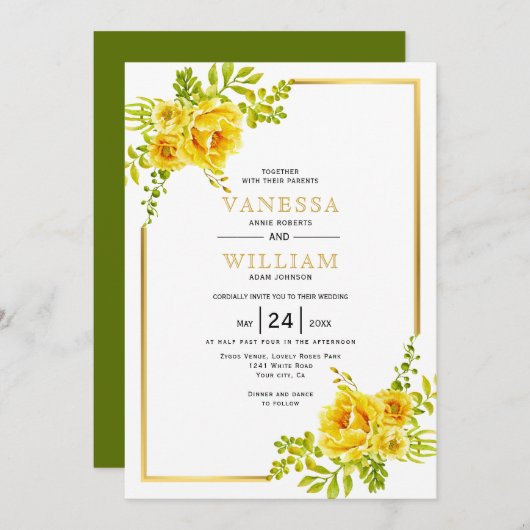 Gelbe Aquarellfarben-Blume und Goldrahmen Einladung (Vorne/Hinten)
