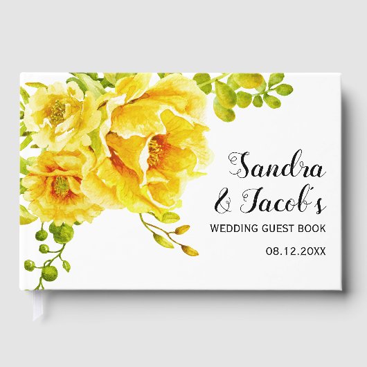Gelbe Aquarellfarben-Blume und Typografie Gästebuch (Vorderseite)