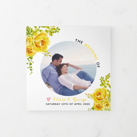 Gelbe Aquarellfarben, grüne Blätter, Foto Dreifach-gefaltete Programmkarte (Cover)