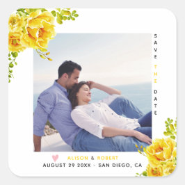 Gelbe Aquarellfarben, grüne Blätter und Foto Quadratischer Aufkleber