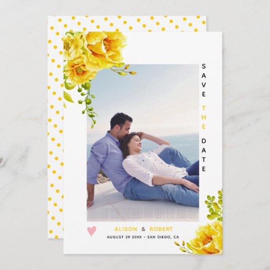 Gelbe Aquarellfarben, grüne Blätter und Foto Save The Date (Vorne/Hinten)