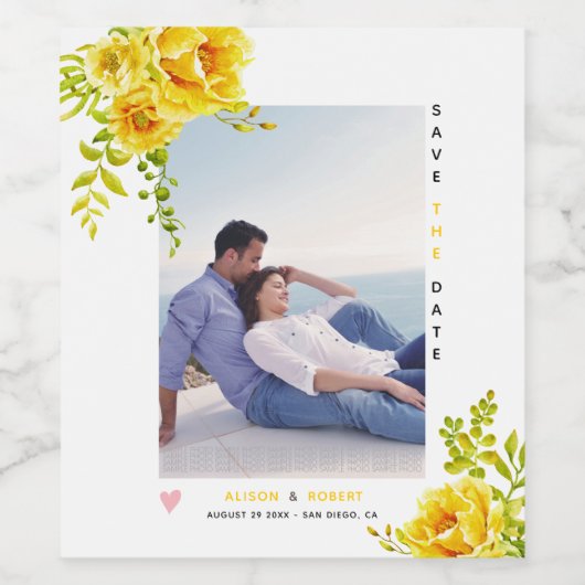 Gelbe Aquarellfarben, grüne Blätter und Foto Weinetikett (Einzelnes Label)