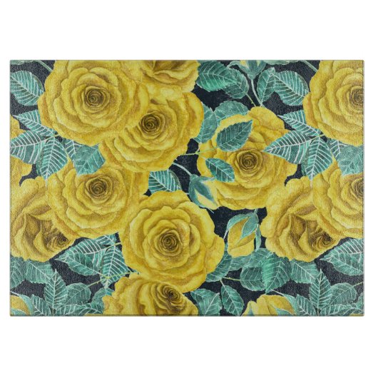 Gelbe Aquarellfarben-Rose mit Blätter und Knospen Schneidebrett (Vorderseite)