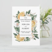 Gelbe Aquarellfarben und grüne Blätter Hochzeit Save The Date (Stehend Vorderseite)