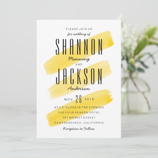 Gelbe Aquarellstreifen Einladung Hochzeitsfeiern (Stehend Vorderseite)