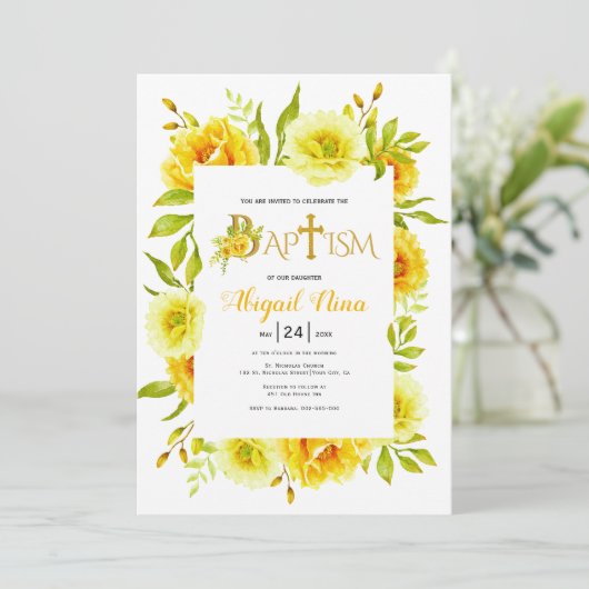 Gelbe Aquarelltaufe Blume Einladung (Stehend Vorderseite)