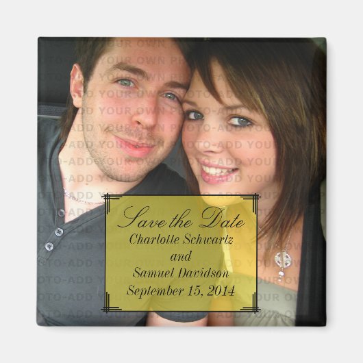 Gelbe Art Deco Rahmen speichern Datum Magnet (Vorne)