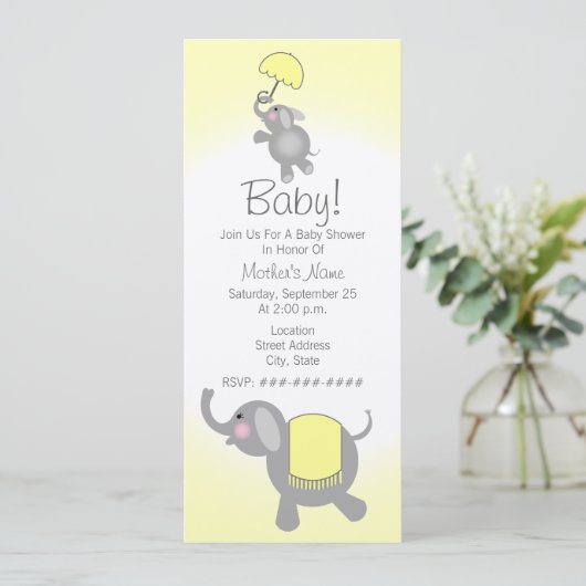 Gelbe Babyparty-Mutter u. Baby-Elefant laden ein Einladung (Stehend Vorderseite)