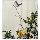 Gelbe Barbere und Fisch mit Peony Fine Art Duschvorhang (Vorderseite)